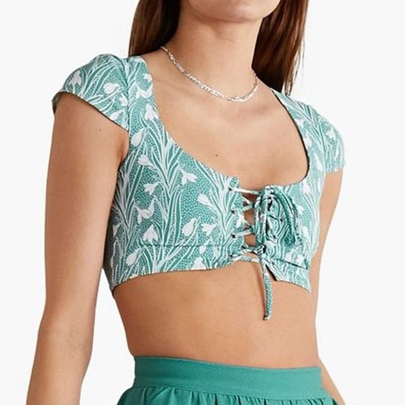 NWT Miaou Arielle Lace Up front Cropped Top in teal / white brand new crop - Picture 13 of 15